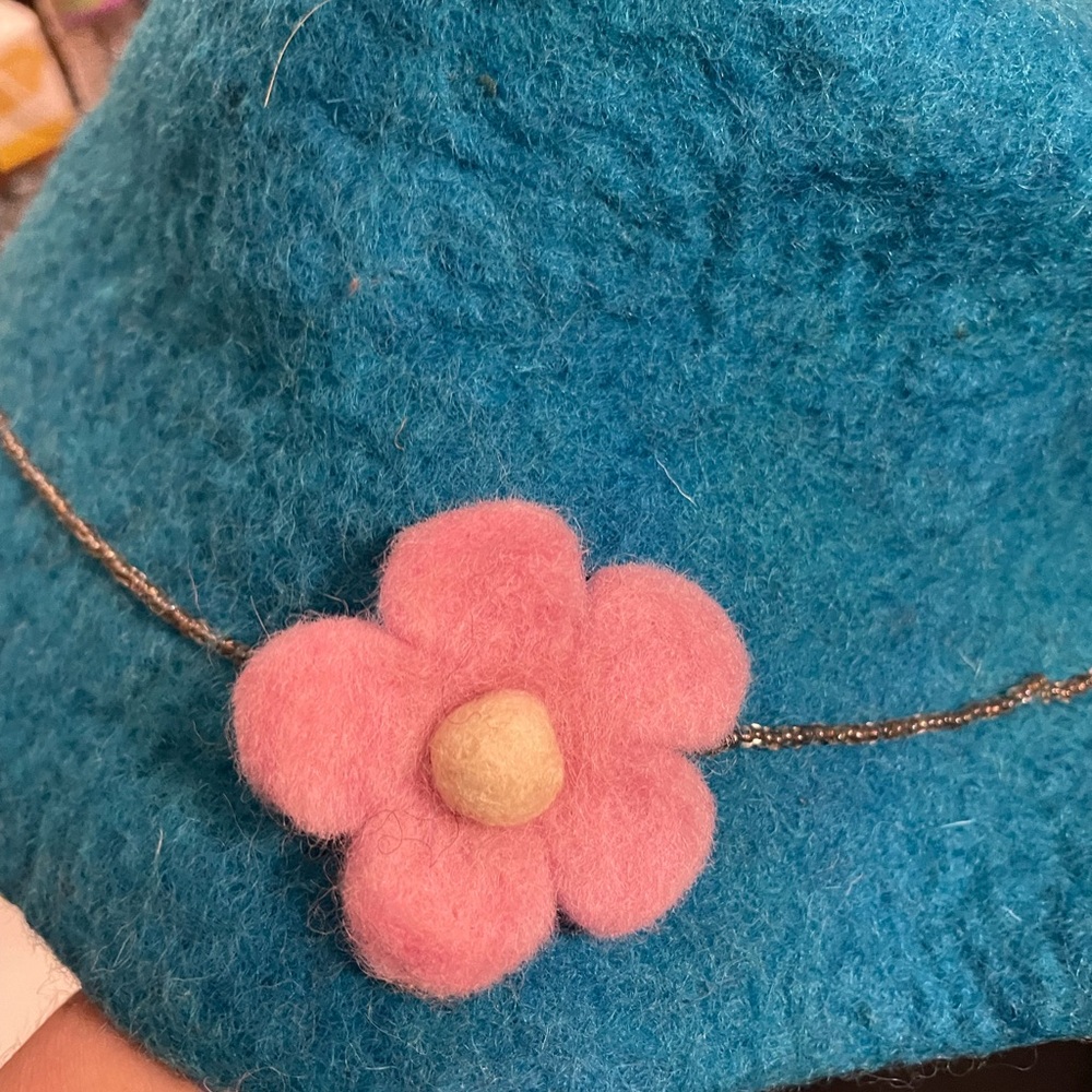 Blue Felt Hat with Pink Flower Accent